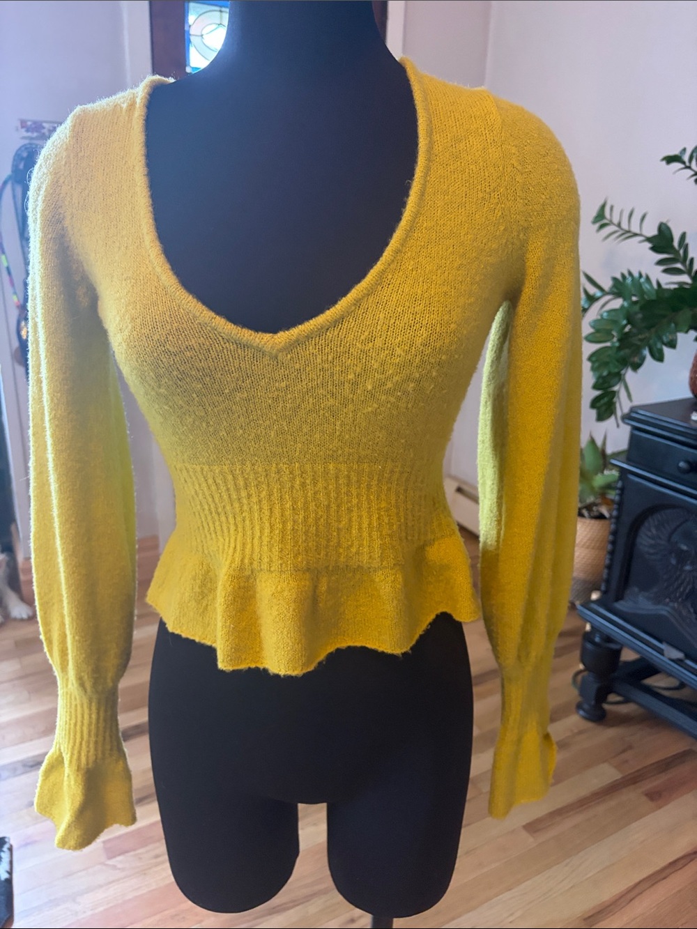 For Love & Lemons Women's Mustard Yellow Ruffled Hem V-Neck Sweater
